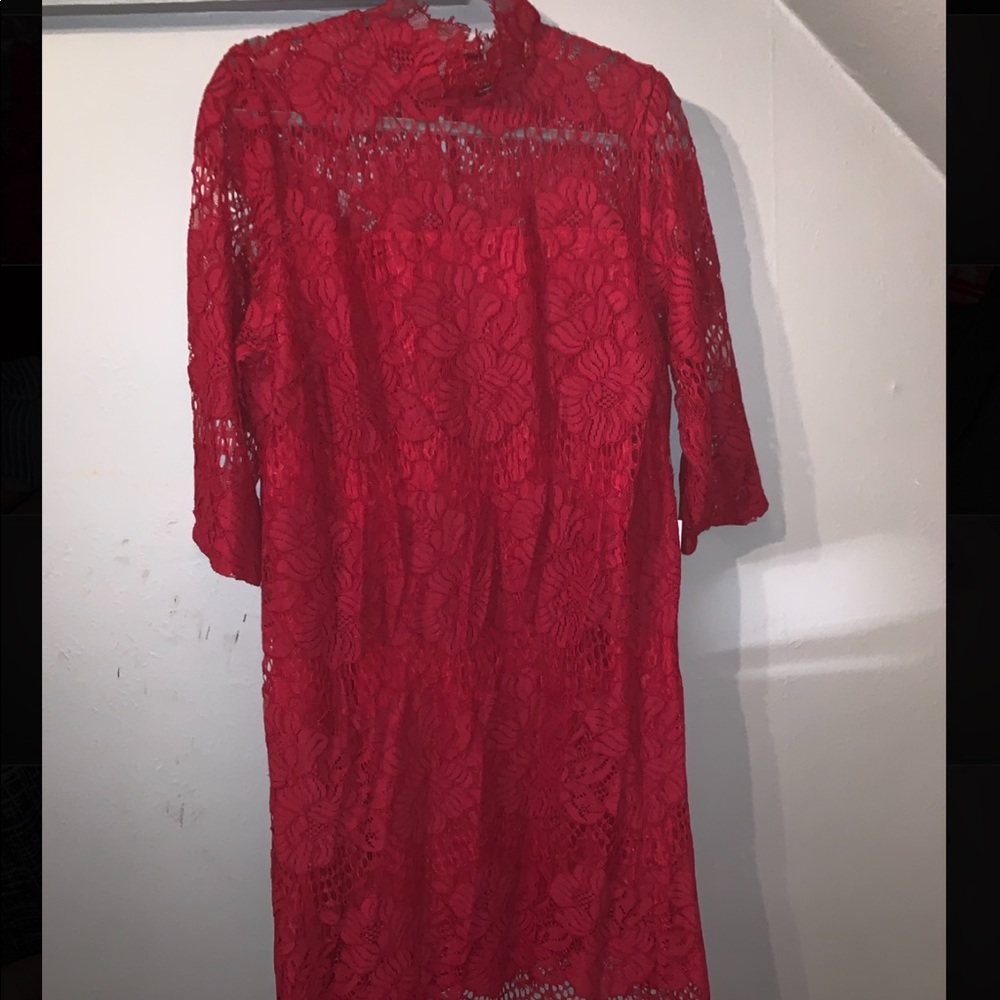 Red lace high neck quarter sleeve dress